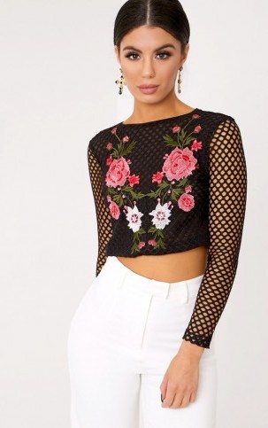 ALEAH BLACK EMBROIDERED FISHNET LONGSLEEVE CROP TOP ~ flower embroidery tops ~ cropped fashion - flipped
