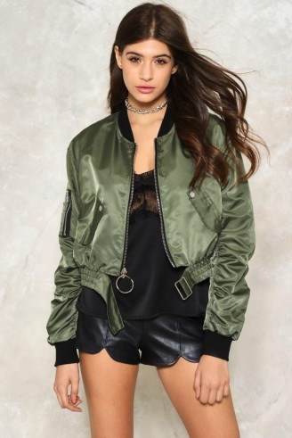NASTY GAL All Revved Up Satin Bomber Jacket ~ khaki-green jackets ~ casual outerwear ~ on-trend street fashion ~ silky - flipped