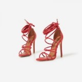 EGO Antonia Knotted Lace Up Heel In Red Faux Suede – strappy party shoes – ankle tie evening sandals – going out – high heels – stiletto heeled
