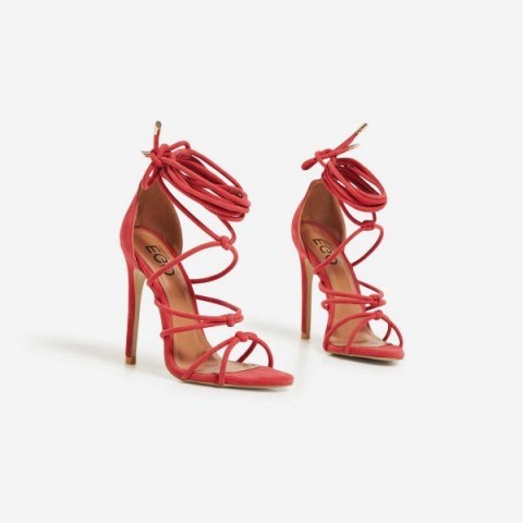 EGO Antonia Knotted Lace Up Heel In Red Faux Suede – strappy party shoes – ankle tie evening sandals – going out – high heels – stiletto heeled - flipped