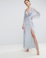 ASOS Embellished Kimono Maxi Dress ice blue. Long wide sleeve occasion dresses | plunge front fashion | plunging neckline