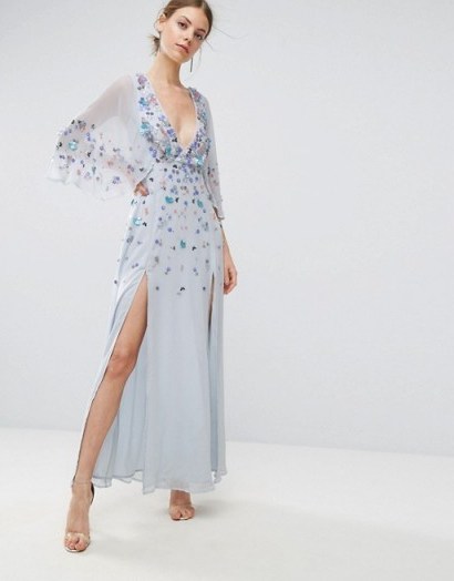 ASOS Embellished Kimono Maxi Dress ice blue. Long wide sleeve occasion dresses | plunge front fashion | plunging neckline - flipped