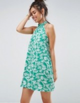 ASOS Halter Swing Sundress In Green Palm Print ~ summer halterneck dresses ~ sleeveless high neck sundresses ~ holiday fashion