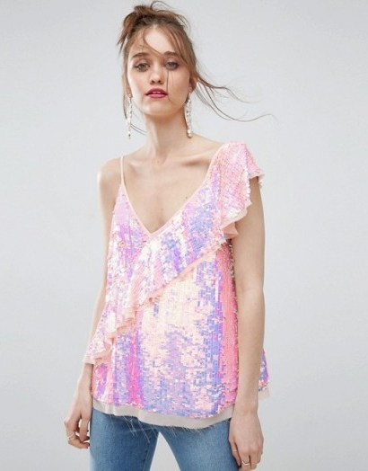 ASOS One Shoulder Ruffle Cami in Sequin ~ glamorous pink camisoles ~ glitzy sequinned tops ~ ruffled - flipped