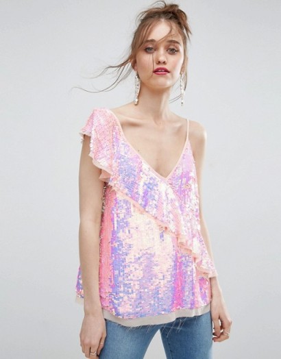 ASOS One Shoulder Ruffle Cami in Sequin ~ glamorous pink camisoles ~ glitzy sequinned tops ~ ruffled
