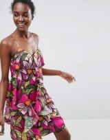 ASOS Made In Kenya Ruffle Cami Dress In Tropical Floral Print Tropical Floral – bright pink flower printed dresses – strappy summer fashion