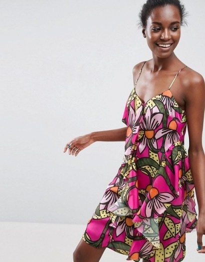 ASOS Made In Kenya Ruffle Cami Dress In Tropical Floral Print Tropical Floral – bright pink flower printed dresses – strappy summer fashion - flipped