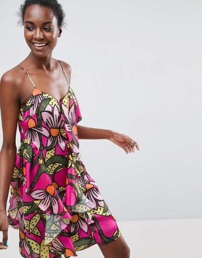 ASOS Made In Kenya Ruffle Cami Dress In Tropical Floral Print Tropical Floral – bright pink flower printed dresses – strappy summer fashion