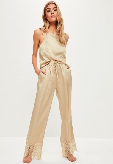 missguided beige satin lace trim pyjama set ~ sleepwear ~ loungewear ~ luxe style pyjamas - flipped