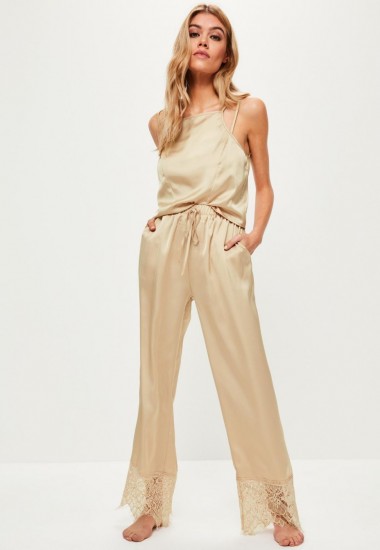 missguided beige satin lace trim pyjama set ~ sleepwear ~ loungewear ~ luxe style pyjamas