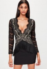 MISSGUIDED black plunge lace long sleeve bodycon dress. Deep V-neckline dresses | going out plunge front fashion