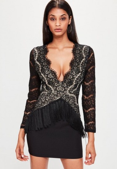 MISSGUIDED black plunge lace long sleeve bodycon dress. Deep V-neckline dresses | going out plunge front fashion - flipped