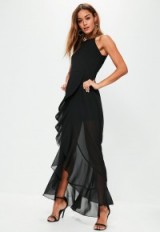 missguided black 90’s neck frill detail maxi dress – long ruffled party dresses