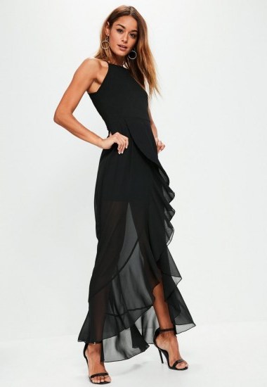 missguided black 90’s neck frill detail maxi dress – long ruffled party dresses - flipped