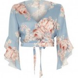 River Island blue floral wrap frill sleeve crop top ~ flower printed tops ~ cropped fashion