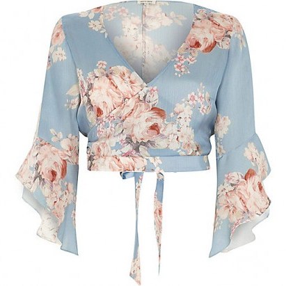 River Island blue floral wrap frill sleeve crop top ~ flower printed tops ~ cropped fashion - flipped