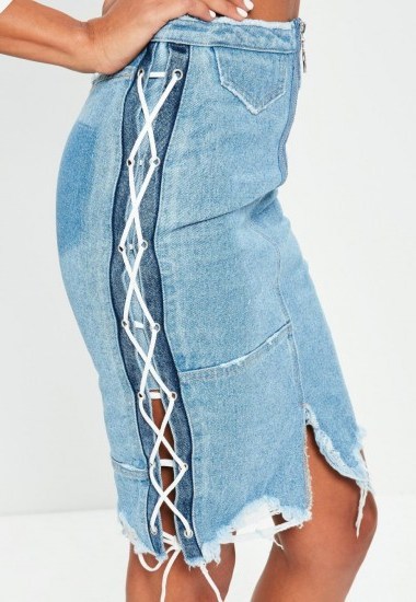 missguided blue lace up side pencil skirt ~ distressed denim skirts - flipped