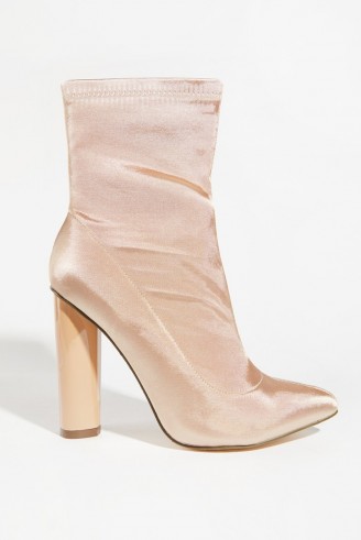 MissPap Bobbi Champagne Satin Pointed Ankle Boots – luxe style high heel boots