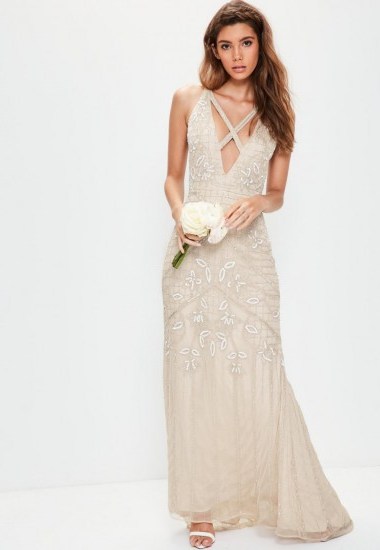 missguided bridal nude strappy front embellished maxi dress ~ wedding dresses - flipped