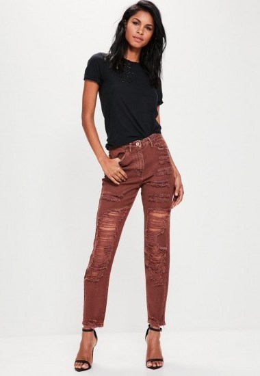 missguided brown riot high rise extreme ripped mom jeans ~ destroyed denim - flipped