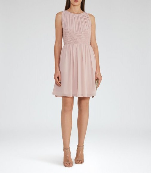 Reiss CHARLOTTE SMOCKING-DETAIL DRESS DUSKY PINK ~ wedding guest outfit ~ sleeveless fit and flare dresses ~ feminine occasion wear - flipped