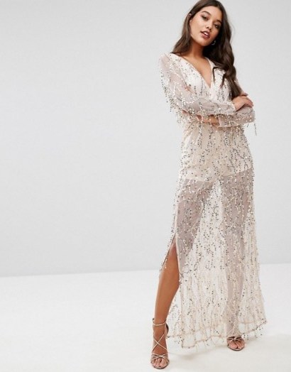 Club L Sequin Plunge Front Maxi Dress Rose Gold - flipped