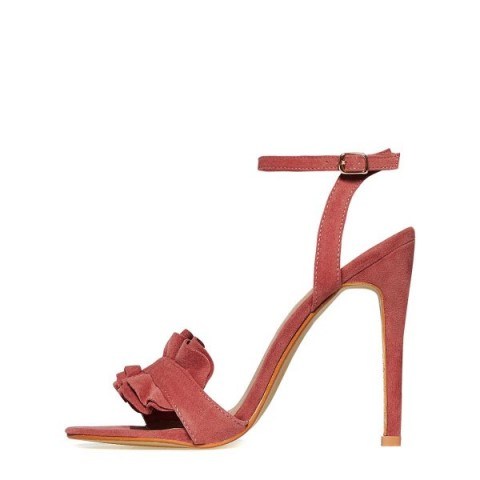 EGO Eden Frill Detail Heel In Blush Faux Suede – pink strappy high heels – stiletto heeled sandals – ruffle front shoes - flipped