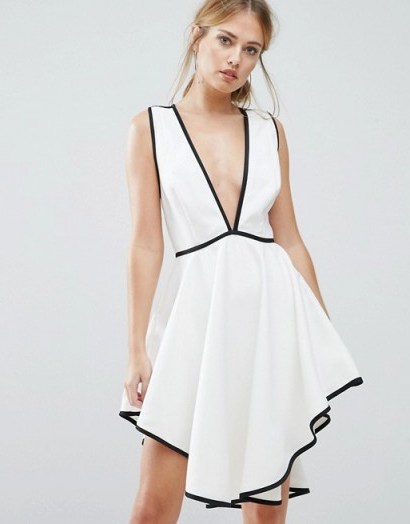 Finders Asher Plunge Front Dress With Dipped Hem White/Black - flipped