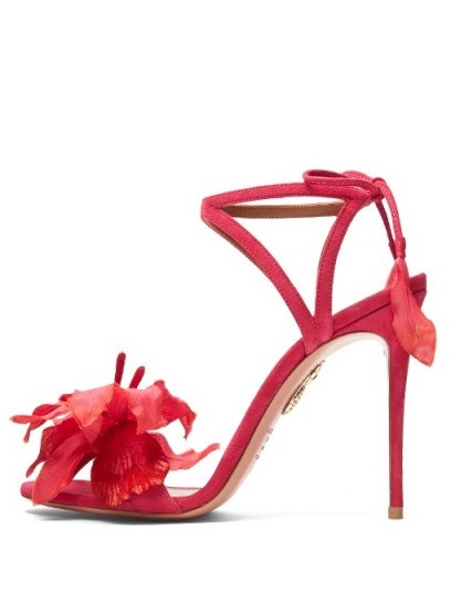 AQUAZZURA Flora suede sandals – bright pink floral high heels – ankle tie stiletto heeled shoes – designer footwear - flipped