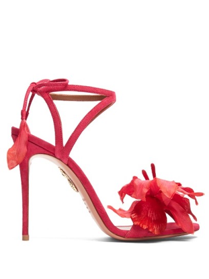 AQUAZZURA Flora suede sandals – bright pink floral high heels – ankle tie stiletto heeled shoes – designer footwear