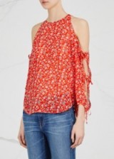 VERONICA BEARD Flynn red floral-print silk blouse ~ flower printed cold shoulder blouses ~ open sleeve tops