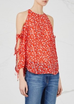 VERONICA BEARD Flynn red floral-print silk blouse ~ flower printed cold shoulder blouses ~ open sleeve tops - flipped