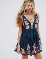 Free People Embroidered Aida Slip Dress. Navy blue floral plunge front summer dresses | low cut boho fashion | bohemian | sleeveless | festival clothing