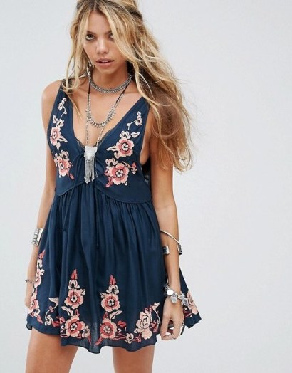 Free People Embroidered Aida Slip Dress. Navy blue floral plunge front summer dresses | low cut boho fashion | bohemian | sleeveless | festival clothing - flipped