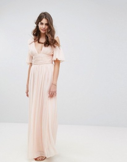 French Connection Constance Drape Cold Shoulder Maxi Dress – long pink occasion dresses – plunge front fashion - flipped