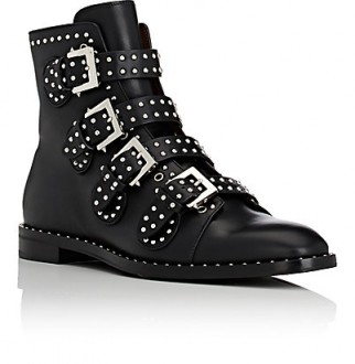 GIVENCHY K-Line Leather Boots. Black studded ankle boots | designer flat booties | biker buckle strap bootie | stud embellished flats