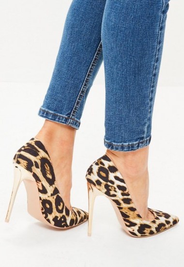 missguided gold leopard shimmer pointed court shoes ~ glamorous animal prints ~ high heeled courts ~ stiletto heels - flipped