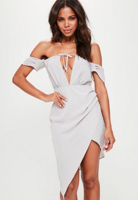 missguided grey bardot wrap asymmetric shift dress – off the shoulder party dresses - flipped