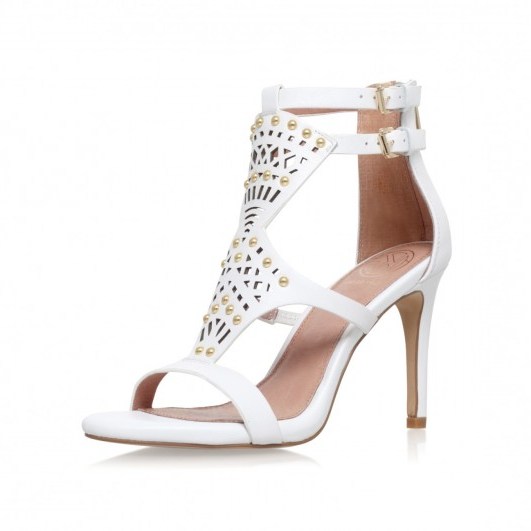 KG Kurt Geiger Harem White Leather High Heels – ankle strap sandals – stud embellished shoes – laser cut out front – strappy - flipped