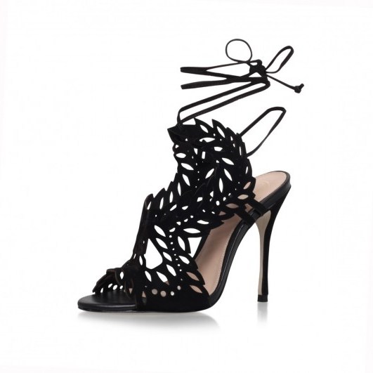 KG Kurt Geiger Horatio black suede sandals – ankle tie shoes – cut out high heels – occasion footwear - flipped