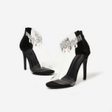 EGO Jewel Gem Embellished Perspex Heel In Black Faux Suede – party heels – stiletto heeled sandals – clear ankle strap evening shoes