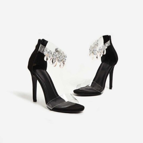 EGO Jewel Gem Embellished Perspex Heel In Black Faux Suede – party heels – stiletto heeled sandals – clear ankle strap evening shoes - flipped