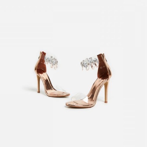 EGO Jewel Gem Embellished Perspex Heel In Rose Gold Faux Leather – high heeled party shoes – stiletto heel sandals – jewel ankle strap – metallic pink - flipped