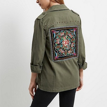 River Island Khaki green patch back army jacket ~ embroidered back jackets ~ casual outerwear - flipped