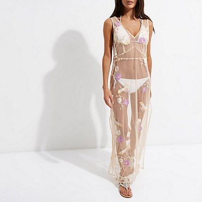 River Island light pink sheer embroidered maxi beach dress ~ see-through cover ups ~ luxe style beachwear ~ pool fashion - flipped