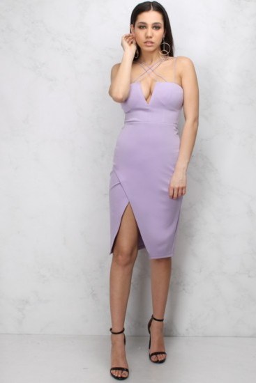 Rare Lilac Cross Strap Asymmetric Wrap Dress. Strappy evening dresses | plunge front going out fashion | glamorous party wear - flipped