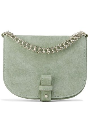 LITTLE LIFFNER Saddle Up small suede shoulder bag – stylish mint-green handbags – chic crossbody bags – silver chain embellishment - flipped