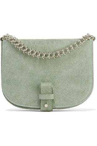 LITTLE LIFFNER Saddle Up small suede shoulder bag – stylish mint-green handbags – chic crossbody bags – silver chain embellishment