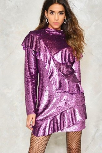 NASTY GAL LOVE IS A BATTLEFIELD RUFFLE DRESS – purple sequin party dresses – ruffled evening fashion – long sleeve/high neck - flipped