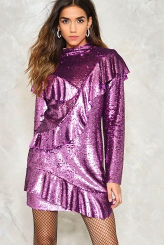 NASTY GAL LOVE IS A BATTLEFIELD RUFFLE DRESS – purple sequin party dresses – ruffled evening fashion – long sleeve/high neck